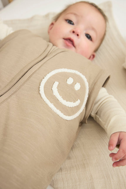 Meyco Baby Slub With Smile Application Babyschlafsack mit abzippbaren Ärmeln Taupe/Offwhite