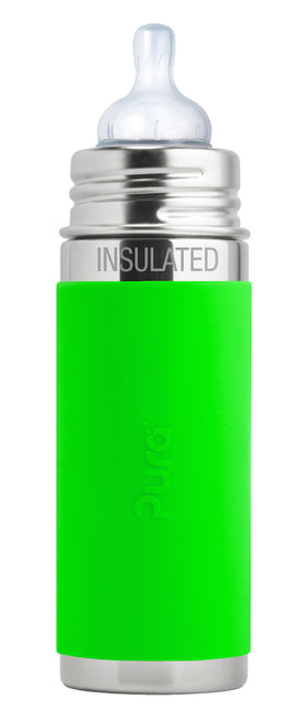 Pura thermos speenfles RVS 260 ml + silicone speen medium flow + silicone reisdop + groene sleeve