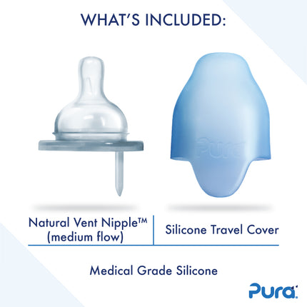 Pura speenfles RVS 325 ml + silicone speen medium flow + silicone reisdop + vos sleeve