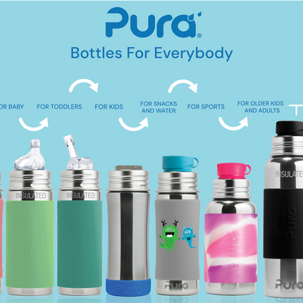 Pura rietjesfles RVS 325 ml + silicone rietje + silicone reisdop + mint sleeve