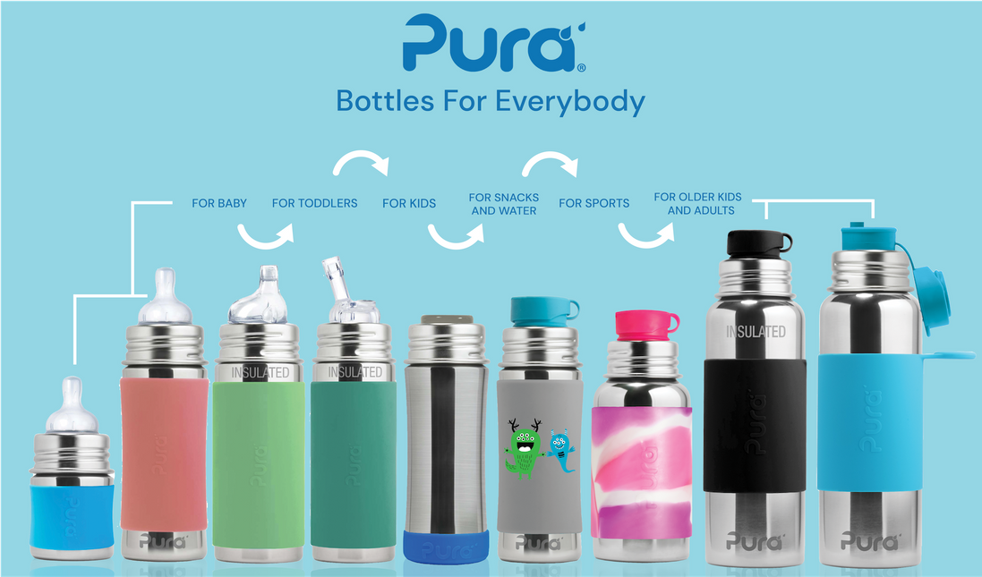 Pura rietjesfles RVS 325 ml + silicone rietje + silicone reisdop + mint sleeve