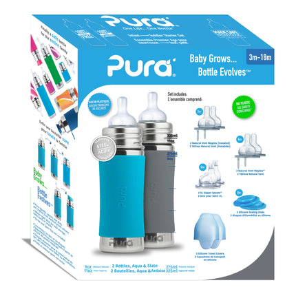 Pura Babyflaschen-Stater-Set 325 ml Aqua/Grau 12-teilig