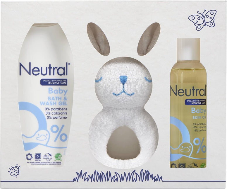 Neutral Baby-Geschenkset Waschgel & Hautöl mit Jollein-Rassel parfümfrei